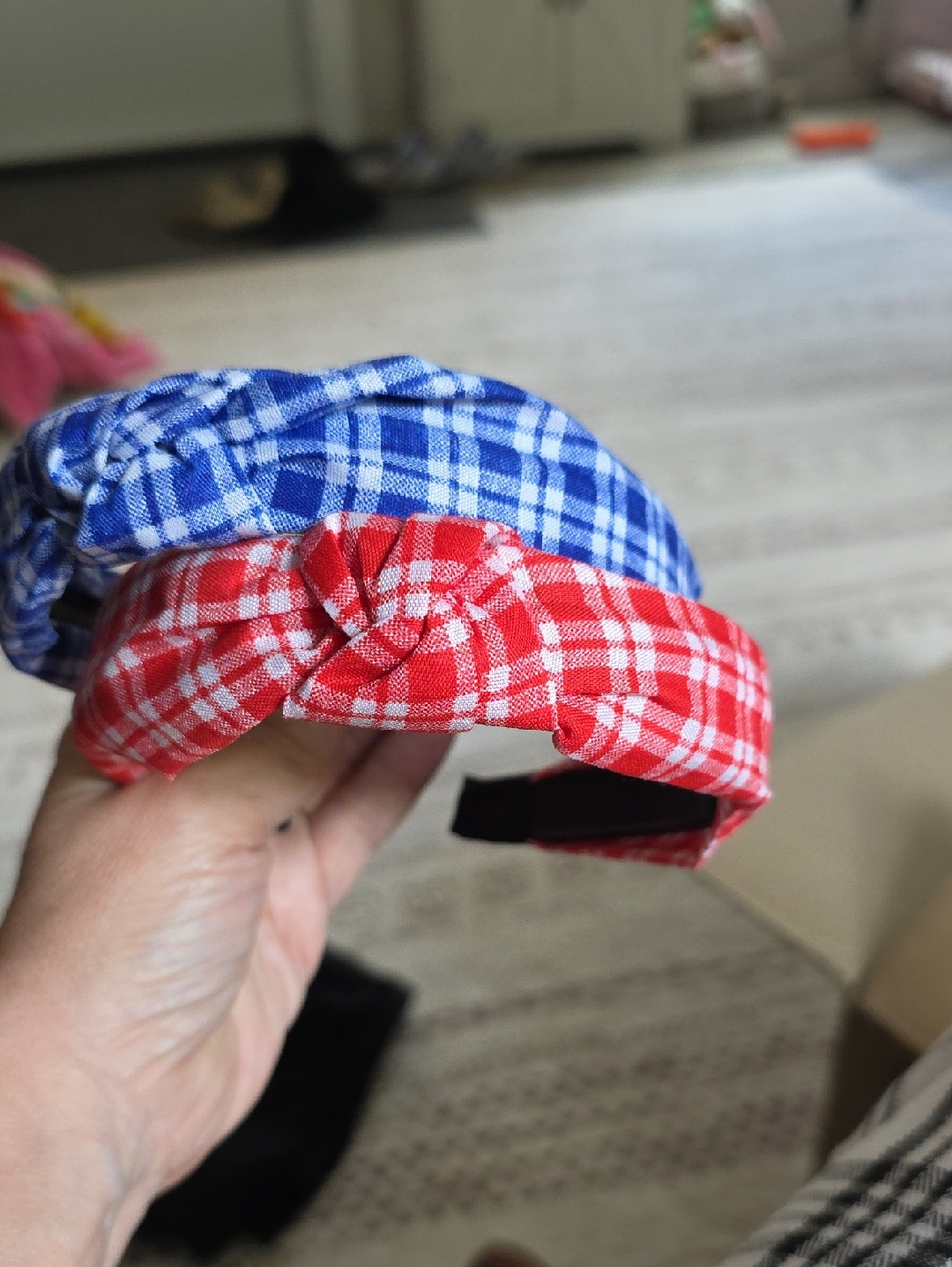 Kids Red And Blue Plaid Knotted Headbands - Unbranded